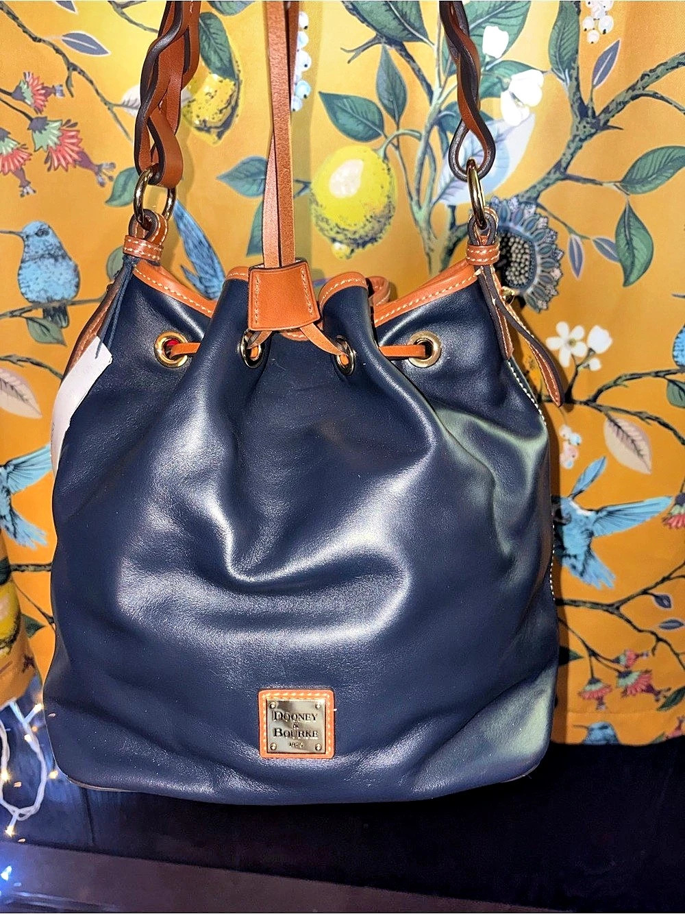 New Dooney And Bourke Wexford Smooth Leather Midnight Blue Tasha Drawstring Bag